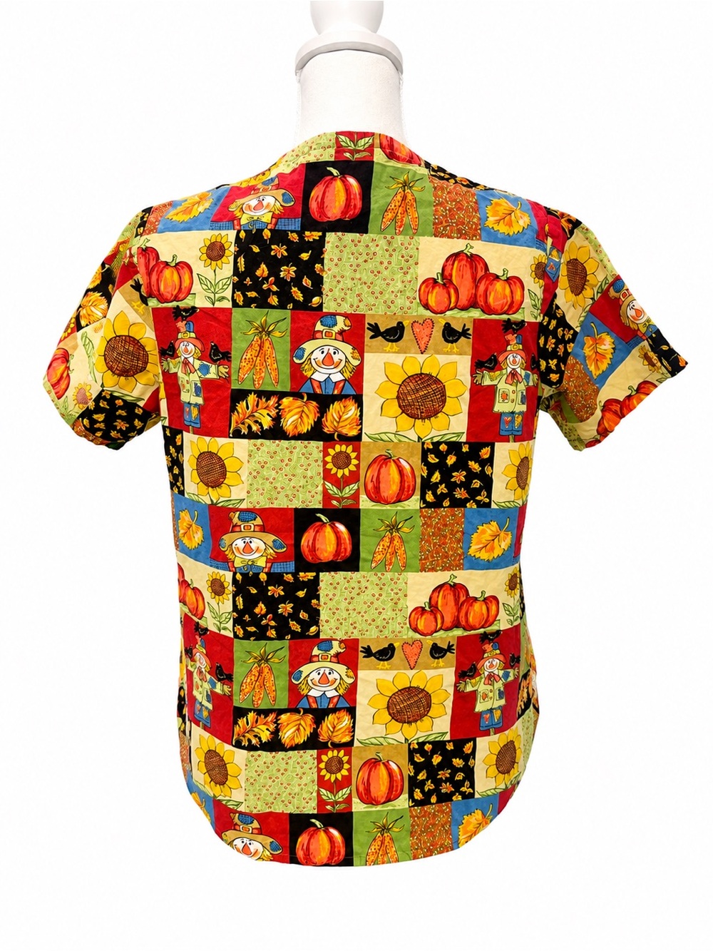 Autumn Patchwork Pumpkin Sunflower Print Scrub Top Size Small - Picture 3 of 6